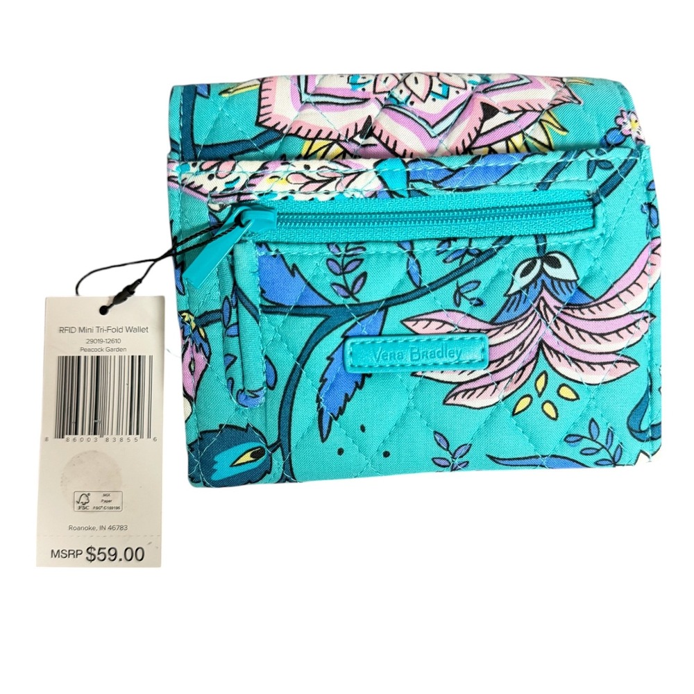 Vera Bradley Peacock Garden RFID Mini Tri-Fold Wallet Teal Quilted Cotton NWT - Picture 2 of 10